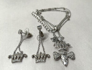 925 Sterling Silver Crown Bee Pendant Necklace & Dangle Earrings Set
